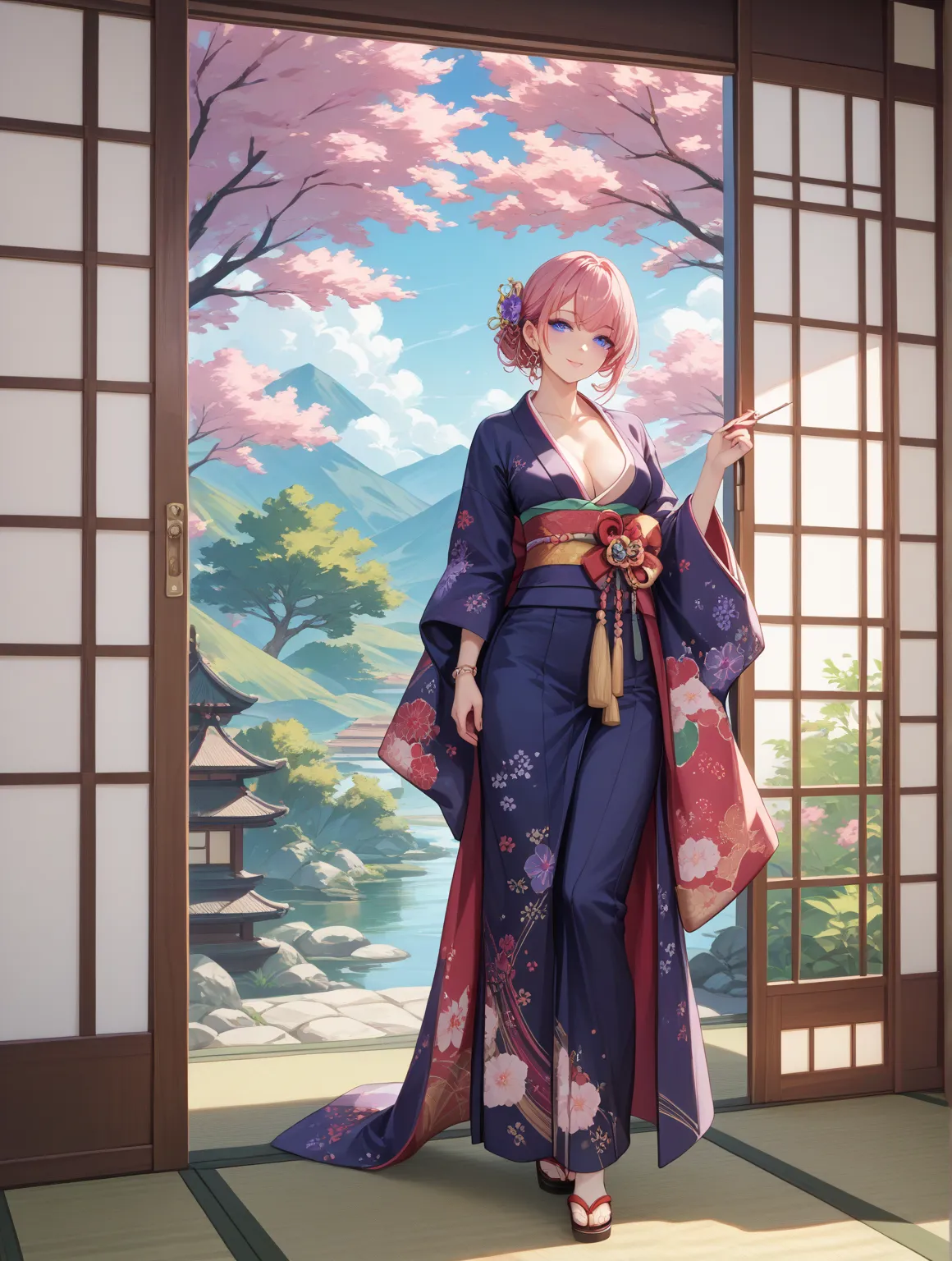 One Woman、beautiful woman、pink hair、purple eyes、beautiful kimono、masterpiece、top quality、high resolution、illustration for both eyes、tatami、full body、is standing