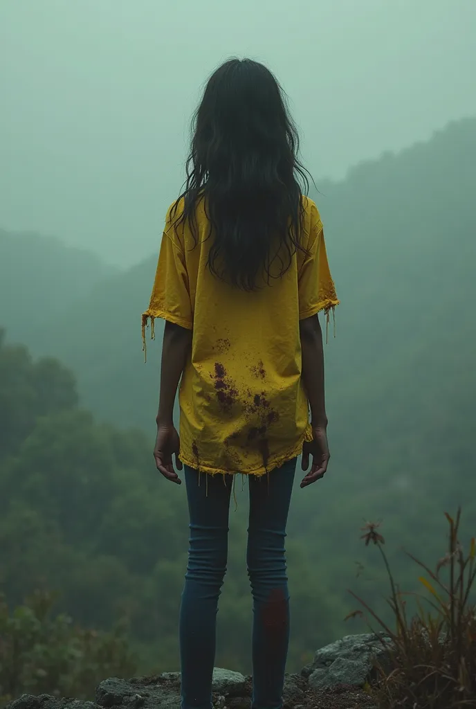  girl, yellow shirt, standing on high place, torn clothes, blood smeared, photorealistic, highly detailed, masterpiece, 4K, HDR, dramatic lighting, horror atmosphere, dark fantasy, gritty, gloomy, moody, cinematic, muted colors, desaturated palette, ominou...