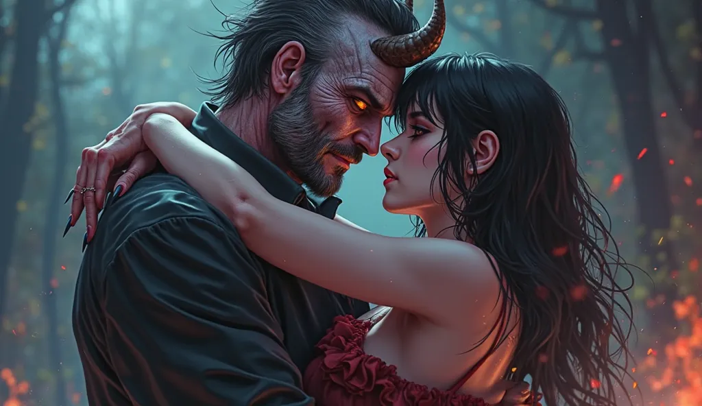 A man who has become a demon embraces his beloved woman, Anime illustration, top quality 