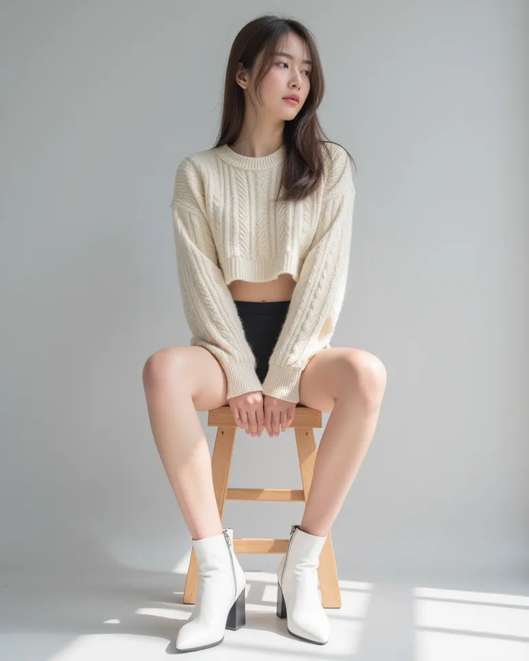 Full shot of a young woman seated on a light-brown wooden stool. The woman is young and Japanese, with long dark brown hair that is nicely straight. She is wearing a cream-colored, cropped mid-riff, cable-knit sweater and black wide-leg underwears.  Her sh...