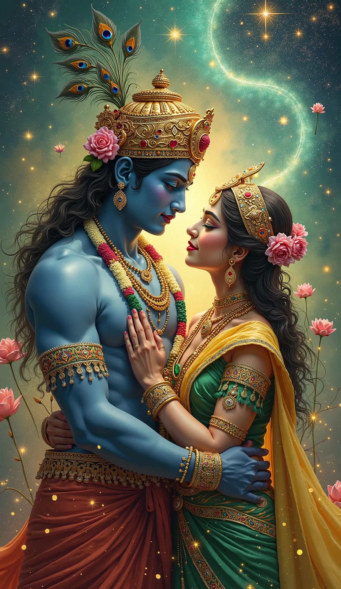 A hyper-realistic oil painting of Lord Krishna and Radha in a divine embrace, radiating celestial love and eternal connection. Krishna, with his mesmerizing blue complexion, wears an intricately designed golden crown adorned with shimmering gemstones, vibr...