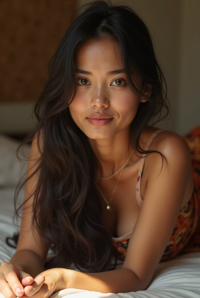 A realistic portrait of a beautiful Malay woman with   long, thick black hair reaching her lower back. She is lying on her stomach (meniarap) on a soft bed, wearing a sleeveless singlet and a traditional batik sarong. Her warm tan skin glows under soft gol...