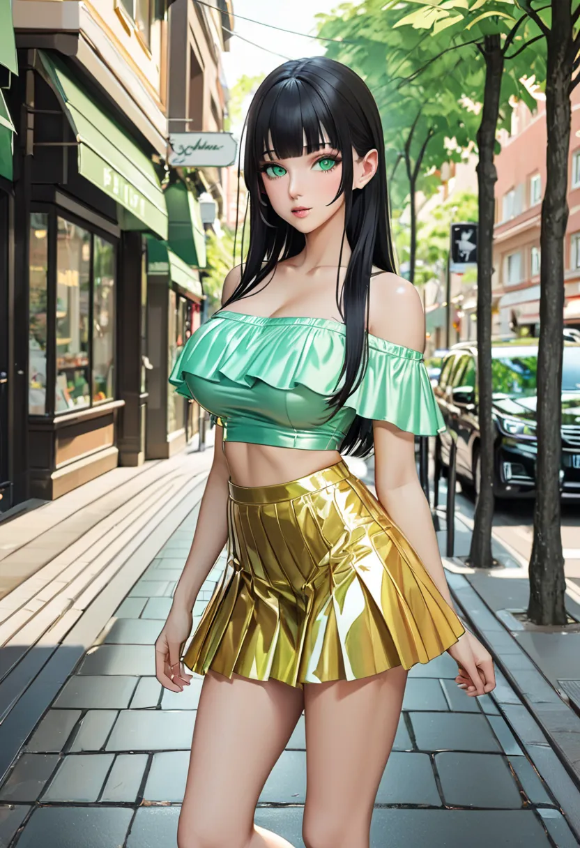 portrait.  girl, s, long black hair with bangs, green eyes, big breasts, long legs. Das  girl sieht den Zuschauer an und lächelt. It is wearing a shiny mint off-the-shoulder top with ruffles and a yellow pleated mini skirt. It goes on the sidewalk.