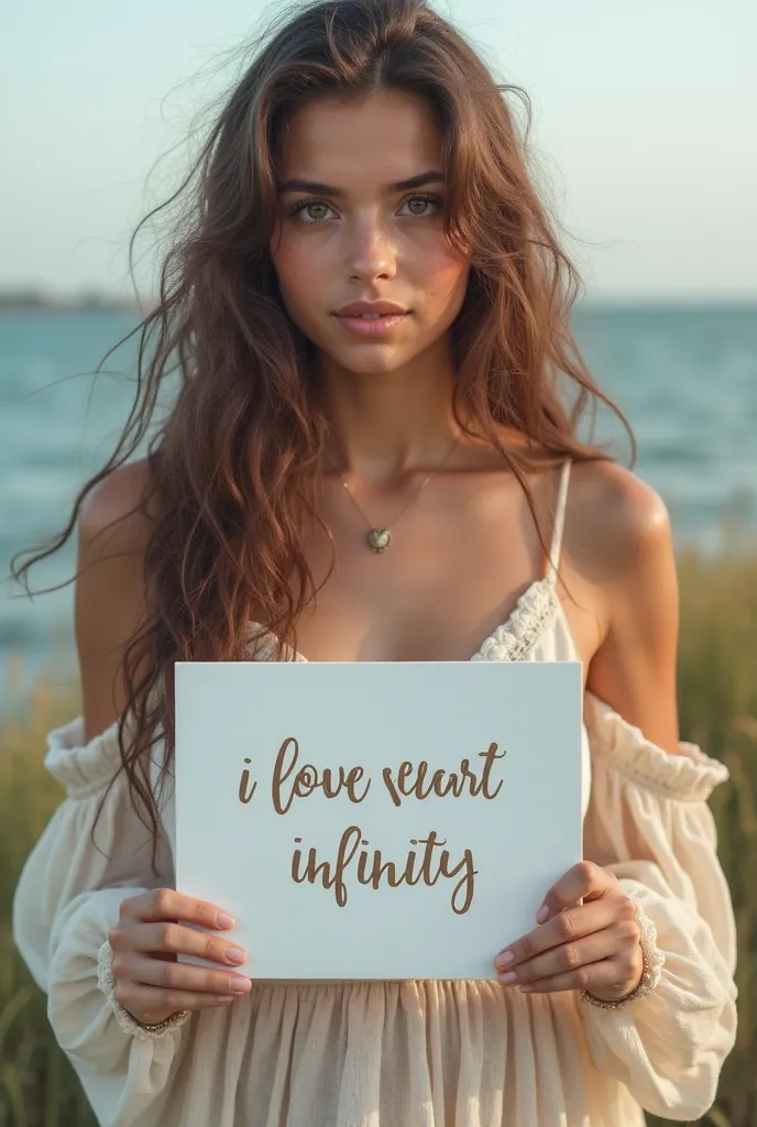 Beautiful girl with wavy long hair, bohemian dress, holding a white board with text "I Love Seaart Infinity" and showing it to the viewer