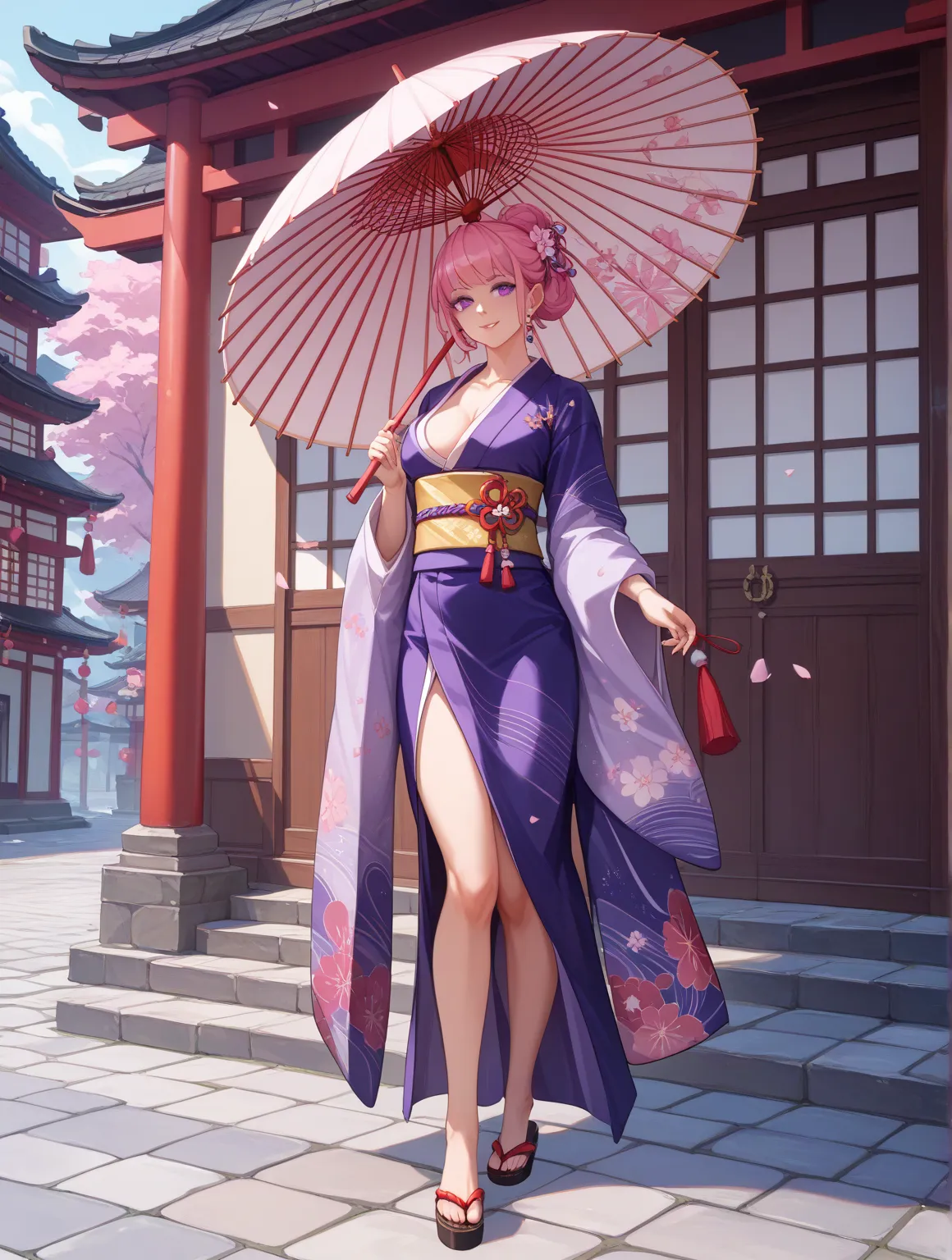 One Woman、beautiful woman、pink hair、purple eyes、beautiful kimono、masterpiece、top quality、high resolution、illustration for both eyes、Cobblestones、、Japanese Umbrella、full body