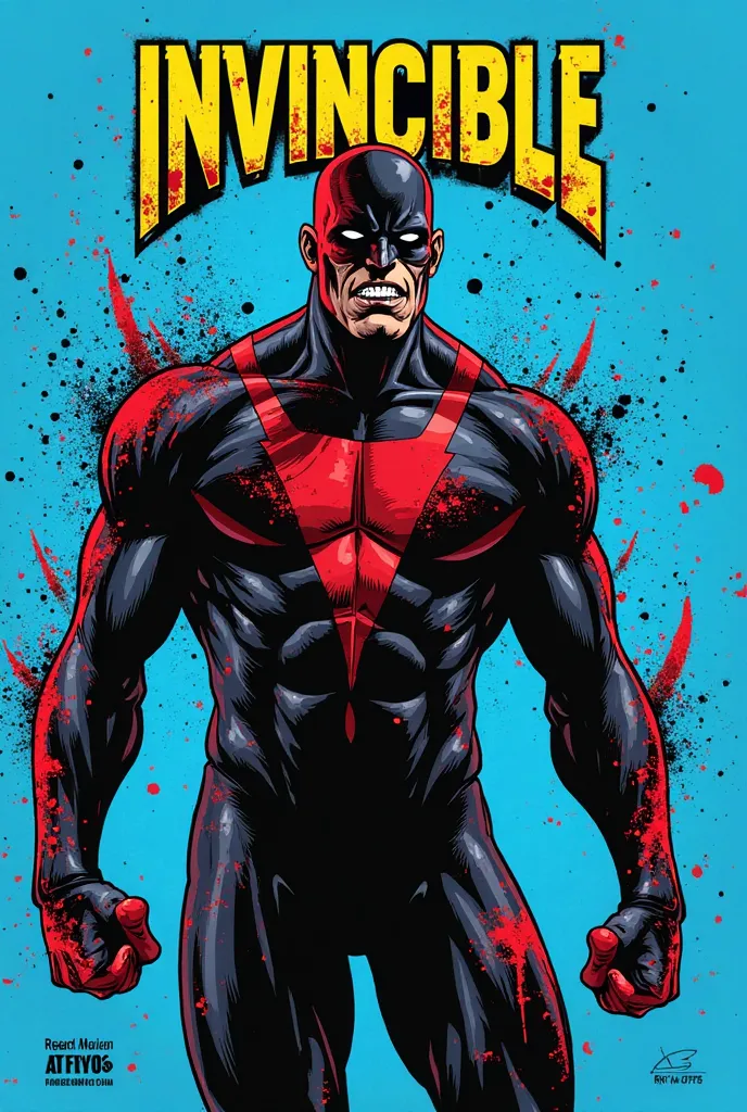 Full-body illustration of an evil Mark Grayson (Invincible) in a black variant of his suit with red (or dark blue) accents, splattered with blood, glaring with a fierce expression. Comic style inspired by Ryan Ottley, bright blue background with black ink ...