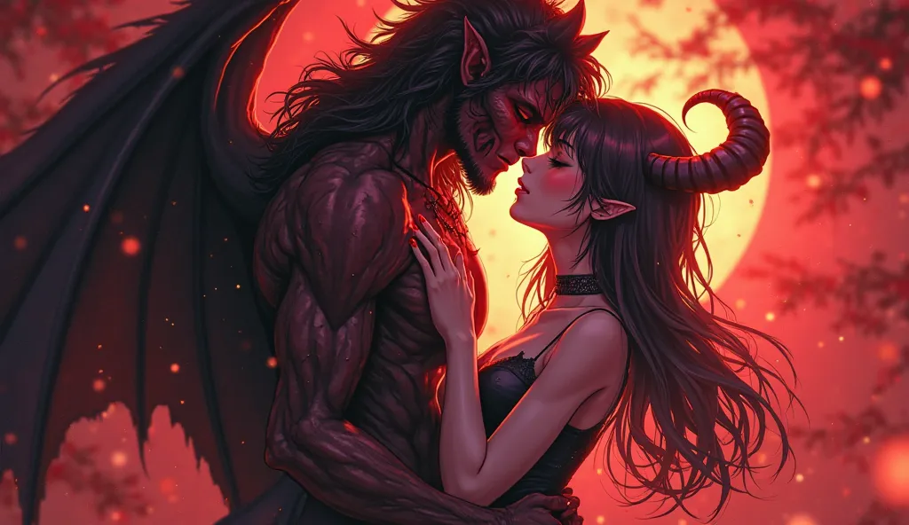 A man who has become a demon embraces his beloved woman, Anime illustration, top quality, couple art