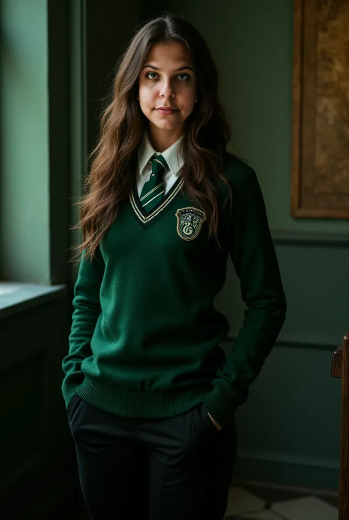 Create a realistic photo of me,   Woman , alone , 30 years, 75kg,  with brown hair and eyes and wearing a Slytherin uniform