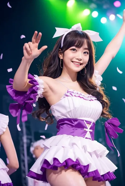 big eyes, cute double  ,   idol woman dancing on stage , Ruffled Costume,  purple and thick idol costume ,  puff sleeve , lame,   with ribbons and frills on her chest  , Waving to the audience,  Beautiful atmosphere ,   medium hair with inner curls,  cute ...