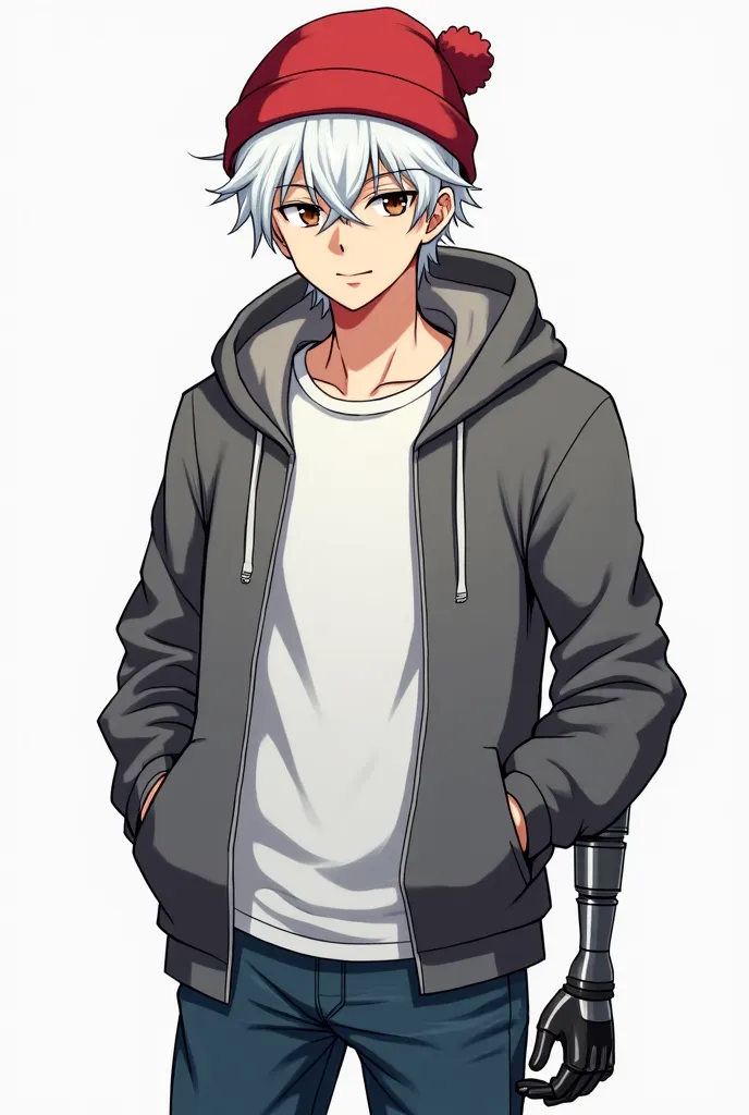 a man between twenties and thirties. He has lean body and tall. He has messy white hair with a red beanie and hazel eyes. He wears a grey hooded jacket with a white T-Shirt and jeans. He has a Prosthetic left arm.anime