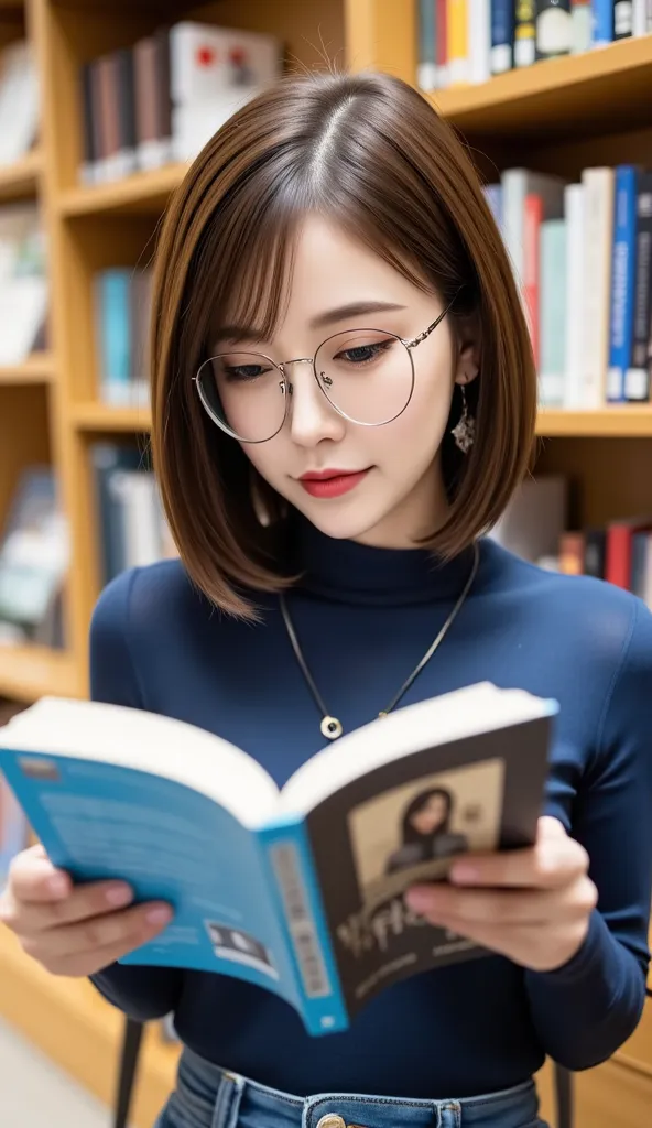 12K、hdr、 bit depth 10 bits、(((At the library)))、(((The model is wearing square framed glasses)))、The model is reading a book、glasses and shines in a cool store、with random hairstyles、In blue clothes、Many books can be seen in the background、