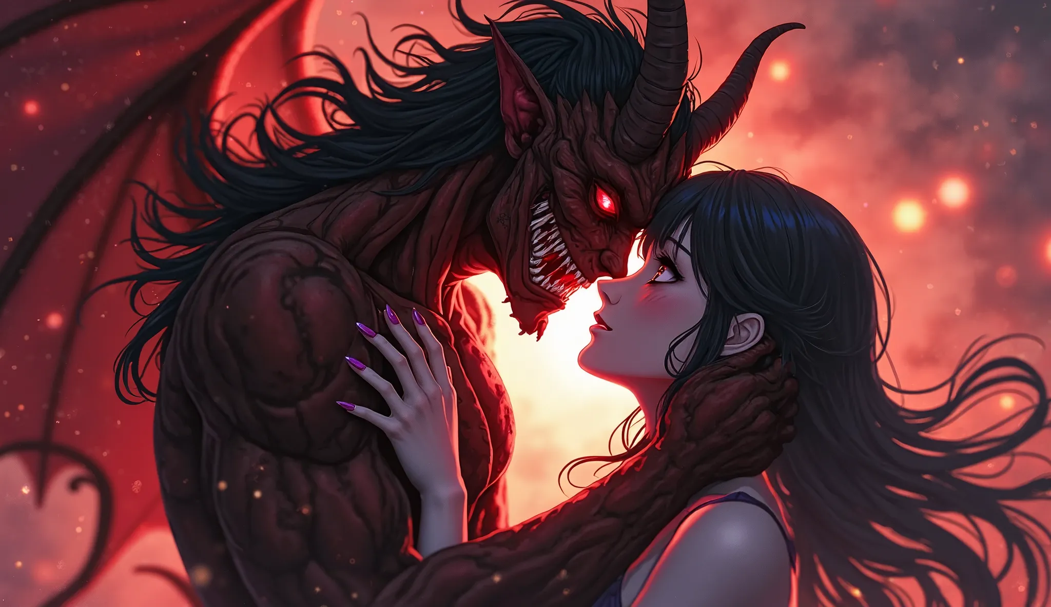 A man who has become a demon embraces his beloved woman, Anime illustration, top quality, 