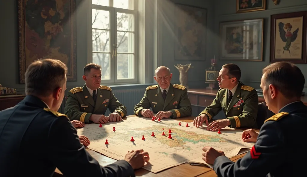 give me a hyper realistic and 8k image view of Allied war room, generals looking concerned around a map table, red markers showing Nazi positions across Europe, spotlight effect illuminating Sicily in the year 1943 during the war