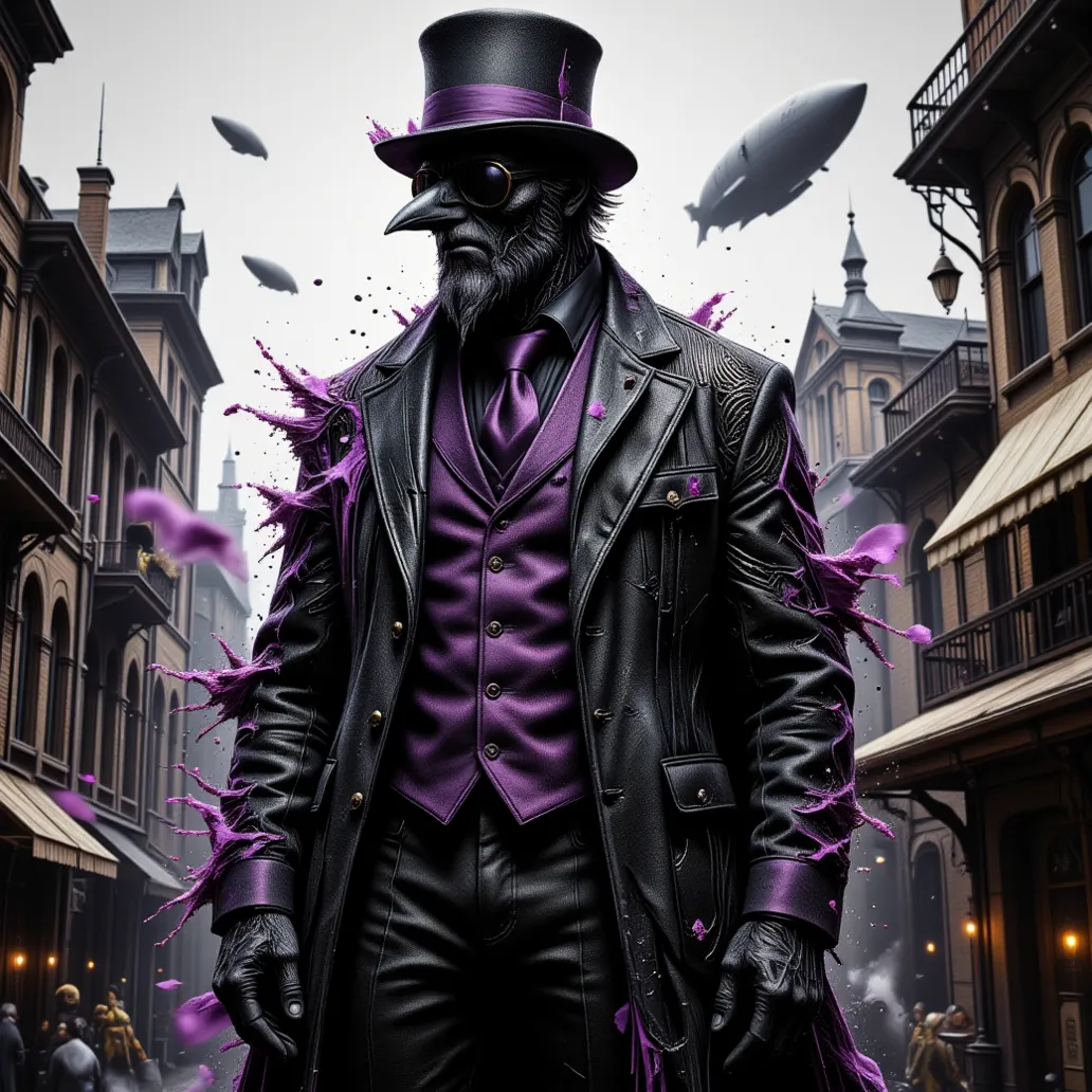 double exposure style, Prospect: Anthropomorphic Crow, kingpin of a victorian steampunk city, donned in black and purple victorian era suit with tophat, victorian circle sunglasses with purple tint. Dynamic posing intimidating, mob boss style. Silhouette: ...