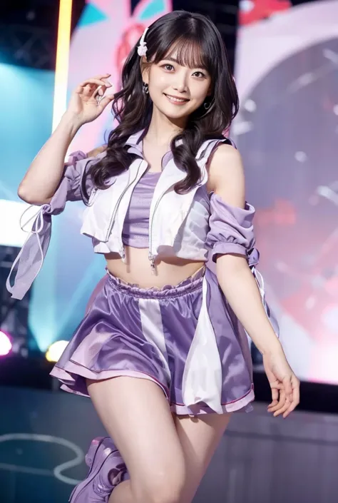 big eyes, cute double  ,   idol woman dancing on stage , Ruffled Costume,  purple and thick idol costume ,  puff sleeve , lame,   with ribbons and frills on her chest  , Waving to the audience,  Beautiful atmosphere ,   medium hair with inner curls,  cute ...