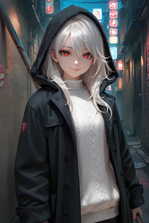 masterpiece, best quality, detailed eyes, semi realistic, 8k, girl, cute, small, pure, oversized black hood coat, black jean, white sweater, short long white gray hair, red eye, midnight city, solo character. looking at viewer, wearing hoodle, holding shor...