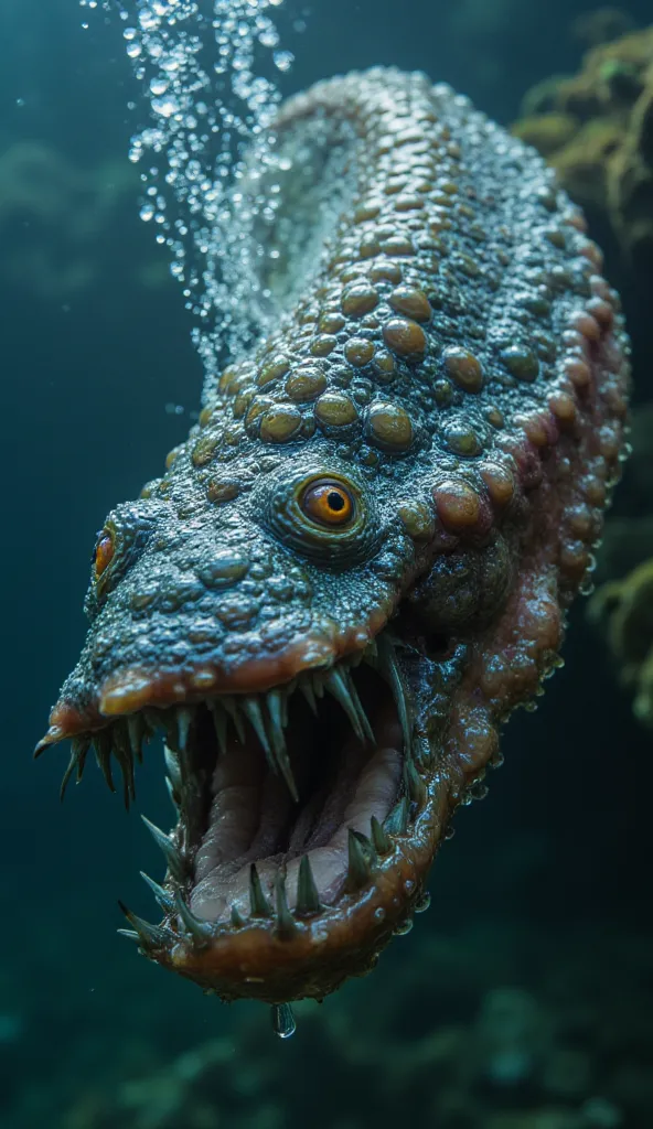 A giant marine worm with viscous skin covered by bubbles that burst, releasing a smelly liquid. It has multiple toothed mouths along its body, sucking anything that touches it.