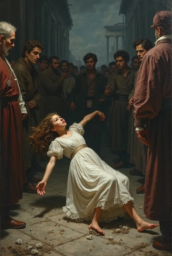 Ottoman Empire. Night. Around the dreary setting. A girl with brown long hair dressed in a white dress in front of everyone fell to the ground and died