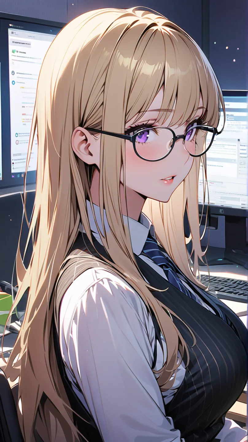 1 girl, alone, solo,
((top quality、high resolution、Highly Detailed 8K Wallpaper))

purple eyes, (long hair,blond hair),medium boobs,mature,

formal look,teacher,glasses,Shift,consultant, Clean Office,overtime,Computer operation
