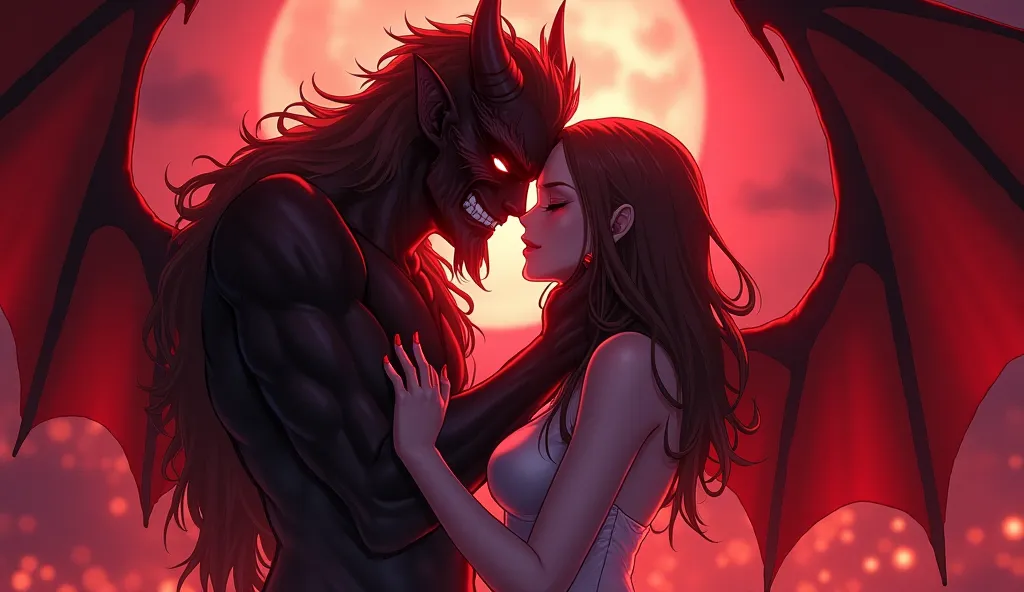 A man who has become a demon embraces his beloved woman, Anime illustration, top quality, 