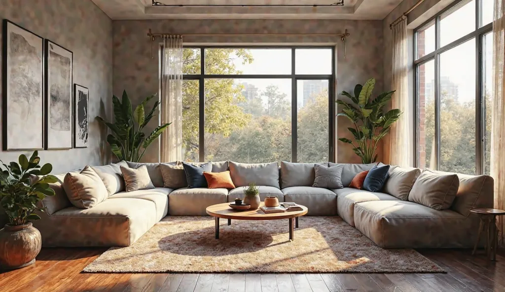  a high-quality, photorealistic image of a modern living room. The room should feature a spacious layout with large windows allowing natural light to flood in. Include a stylish sofa with plush cushions, a sleek coffee table, and contemporary artwork on th...