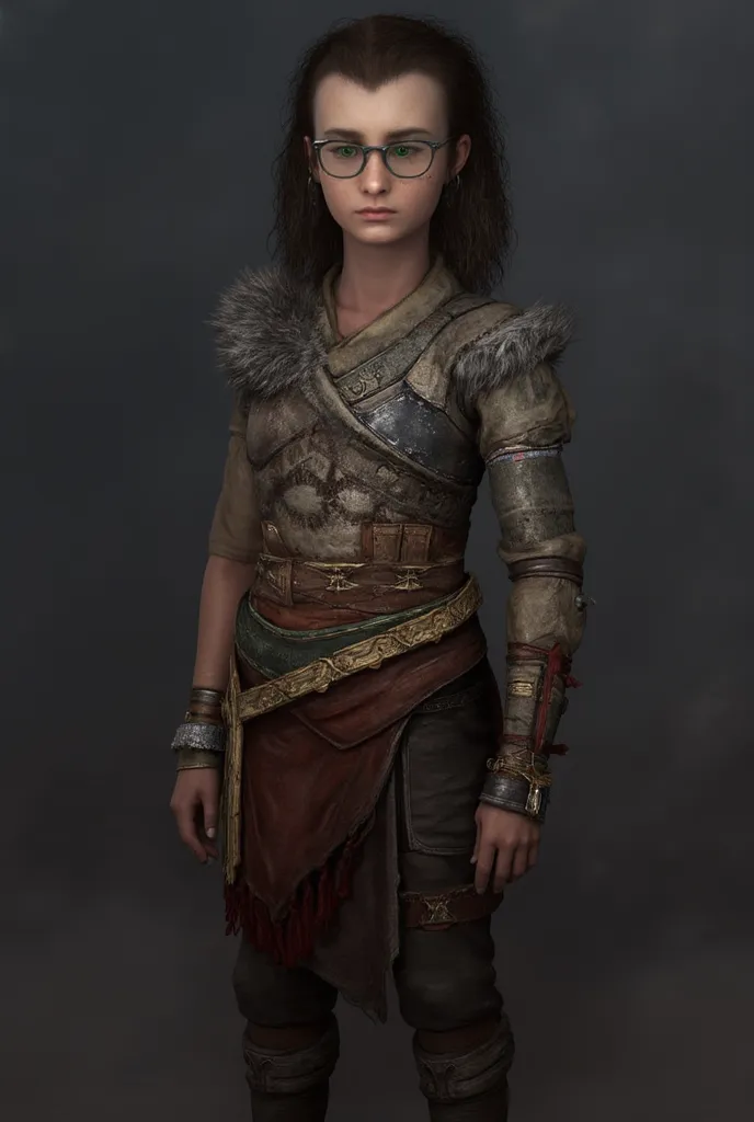 God of War 3D Game Style,a  girl,alone,Fair skin,Little strength,long and long hair,long hair,charcoal-black hair,curly hair,that are loose and combed back,forehead showing .. She Has Green Eyes,Wear round glasses with a transparent frame, has a slender, t...