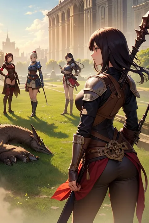 4girls, fantasy, Armor, sword, bow, spear, crossbow, Four girls facing off against monsters, monster hunter,