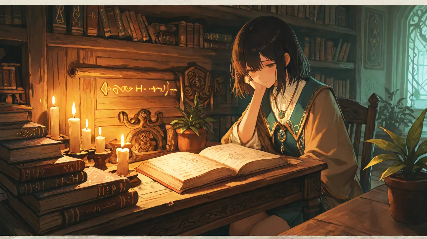 "Create an anime character who is deeply immersed in studying mythology. She should be sitting at a wooden desk surrounded by ancient books, scrolls, and artifacts. The character should have long, dark hair, with a gentle and focused expression, as she rea...