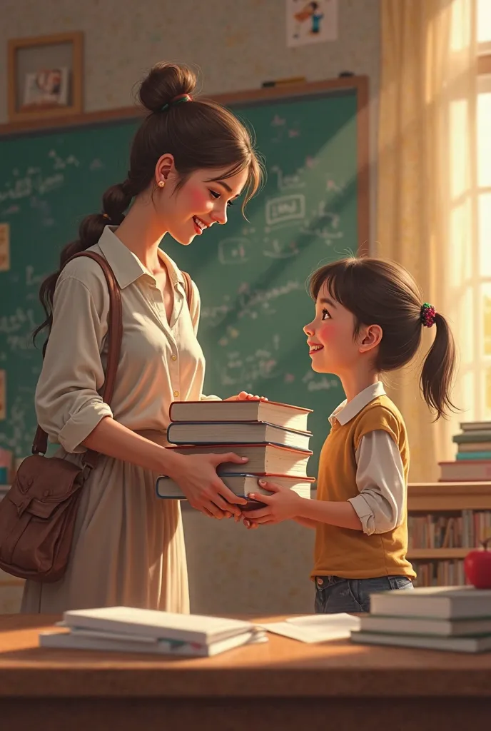 a girl help her teacher to bring book