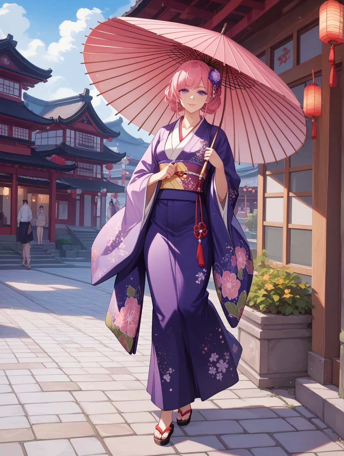 One Woman、beautiful woman、pink hair、purple eyes、Beautiful kimono、masterpiece、top quality、high resolution、illustration for both eyes、Cobblestones、is standing、Japanese Umbrella、full body