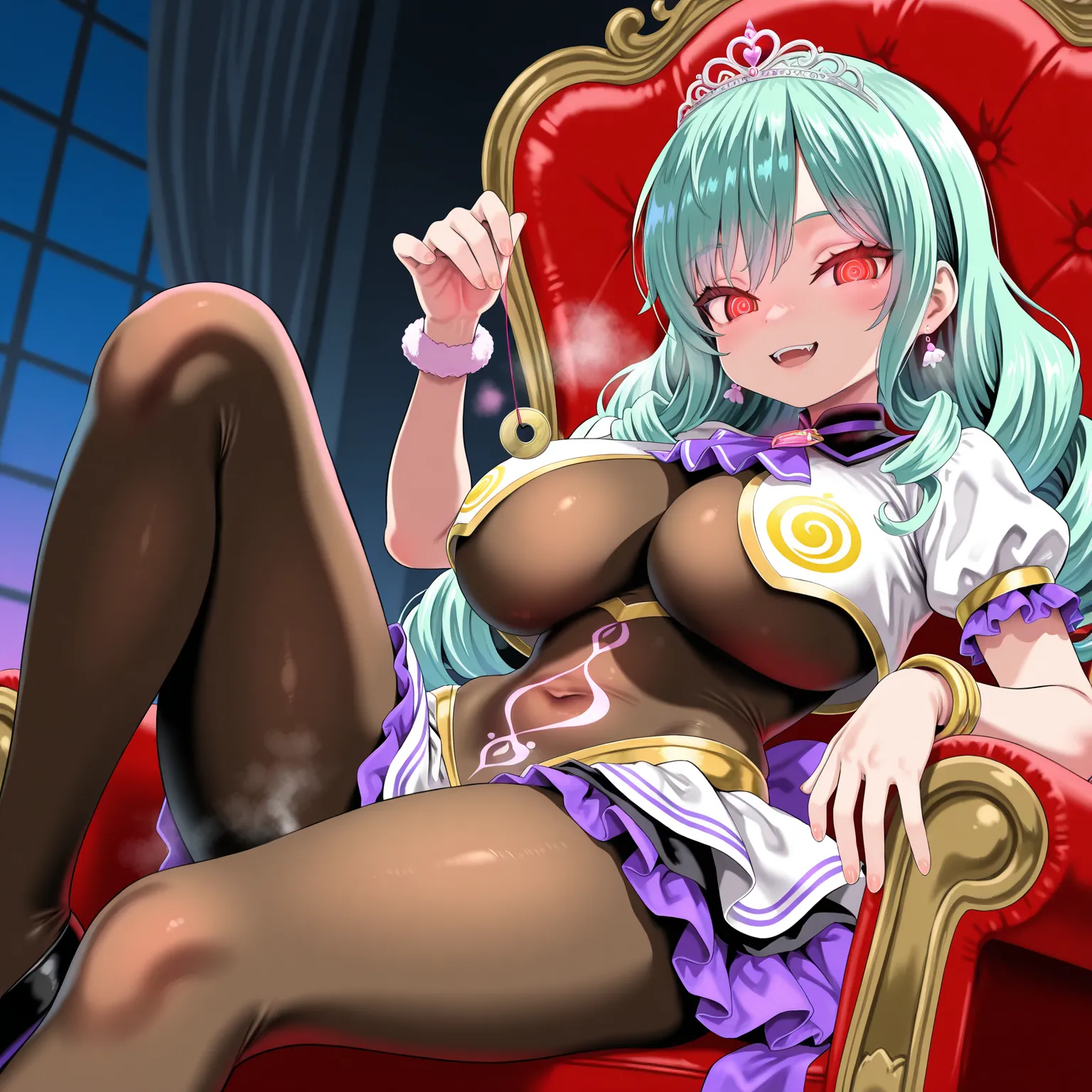 score_9, score_8_up, score_7_up, 1girl, solo, (top quality, 8k), high resolution, smooth, best quality, highly detailed, looking at viewer, , sitting on throne, looking down at viewer, knees up,                                                              ...