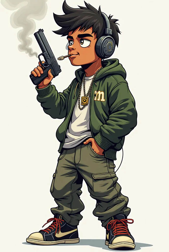 A full-body photo , of a cartoon figure , profile holding a gun , wearing Hip Hop-style clothing , smoking a marijuana cigarette , wearing a headset and touching the head 