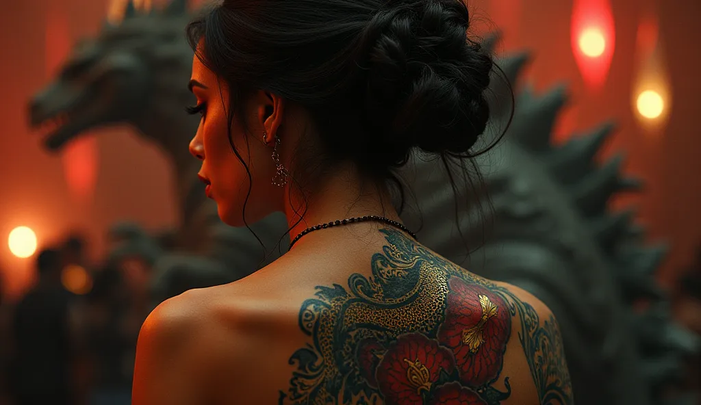 (photorealism:1.2), The Seductive Persian Queen, (best quality,4k,8k, high res, masterpiece:1.2), ultra-detailed, realistic, photo of the back tattoo, close up of Godzilla face, woman's back, detailed intricate, flash photography, dark nightclub, high satu...