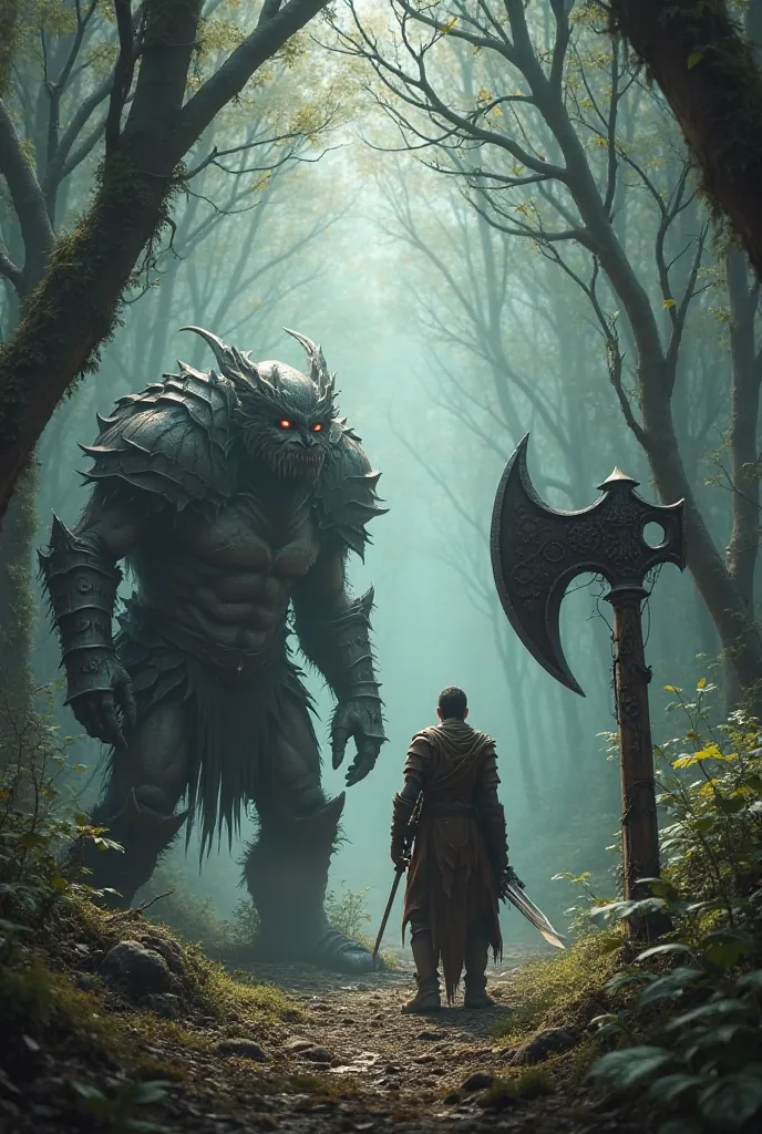 in a dense, dark forest, a warrior with a sword and shield faces an enormous creature in armor carrying an axe.