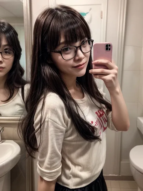 there is a woman taking a selfie in a public restroom, ulzzang, with glasses, belle delphine, Yoshitomo Nara, Chiho, !!wearing glasses!!,  sakimichan, neat hair with bangs, Junko Enoshima,  shikamimi, the hime cut, long hair with full bangs