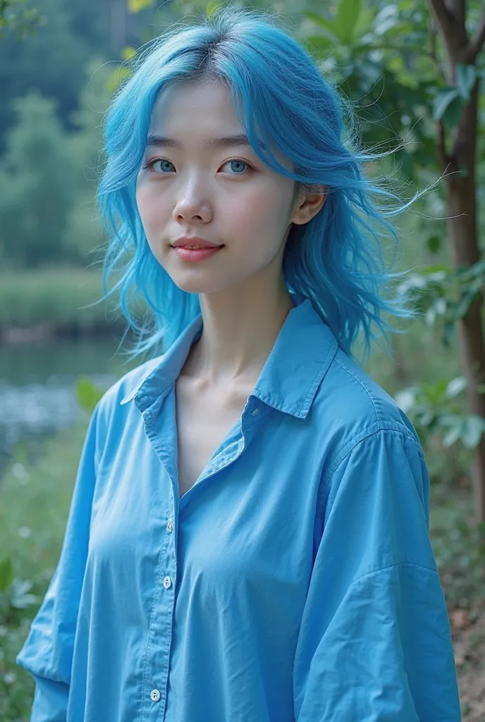 1girl blue hair, portrait, hair slowly moving , sometime blinking, wearing a large blue shirt cover below with nothing under, blue aesthetic eye , smiling, light breeze, beautiful scenery