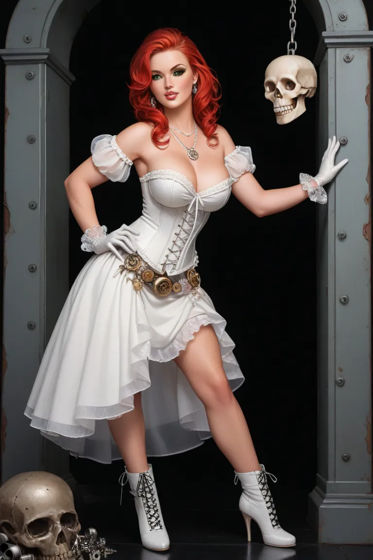 Celtic woman with vintage-style red hair and green eyes, she is in an erotic pose, standing and slightly leaning forward, with one leg bent and one hand on her hip, while the other holds a delicate steel cane with gear details. Her look is captivating, wit...