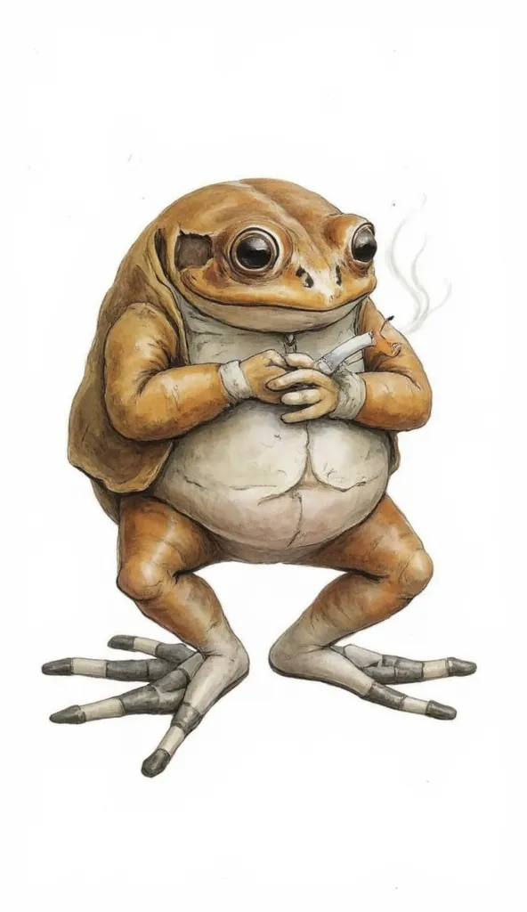 cute frog, depressed, smoking, dark circles, white background