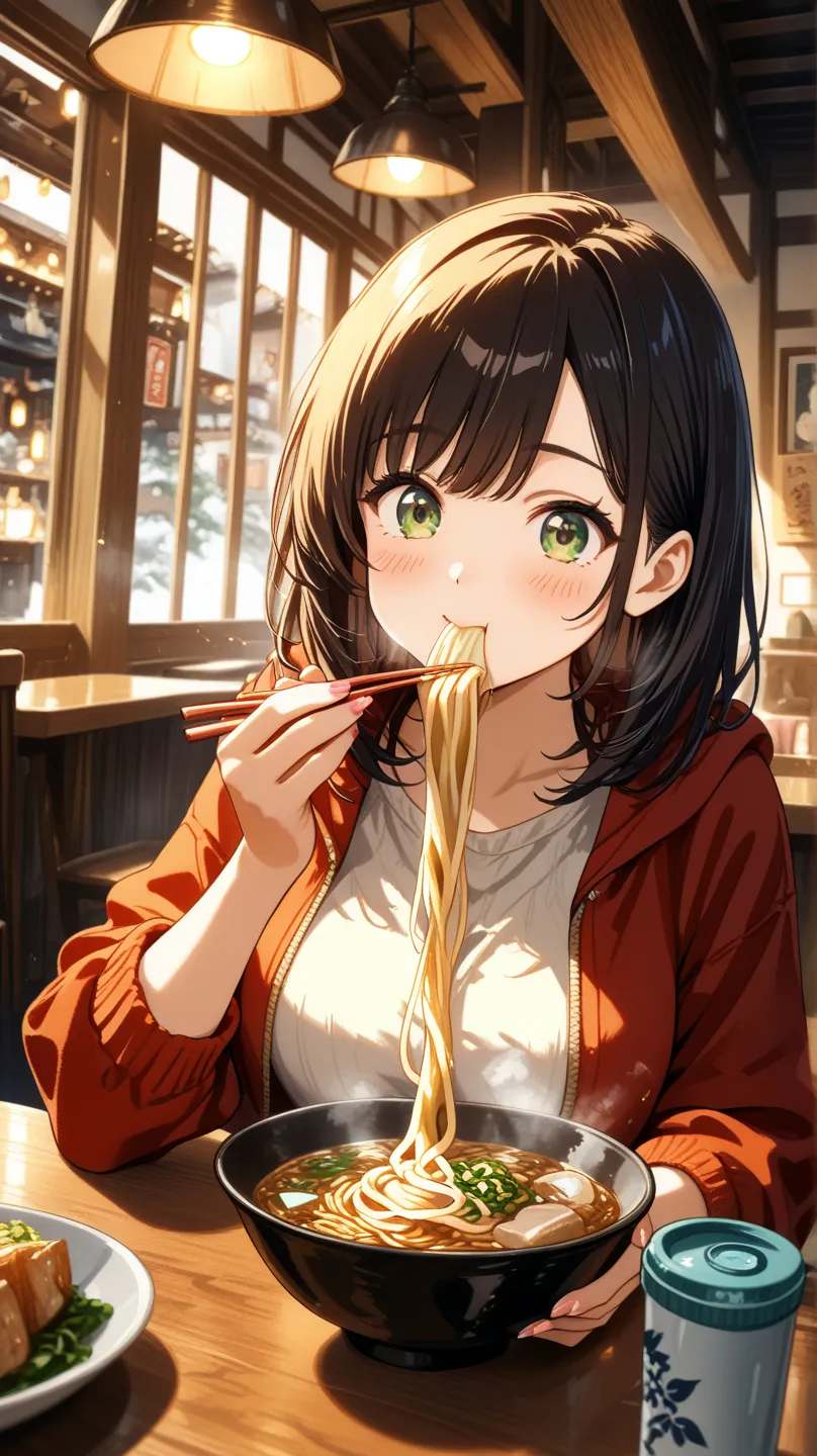 Cute ,stunning   charming  girl  , eating  noodles,  cozy atmosphere 