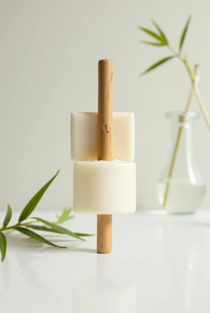 a minimalistic , sustainable white soap with a carved bamboo handle. The handle has ergonomic finger notches for a better grip. Two bars of soap are attached to both ends of the handle, so the soap can be carried comfortably by hand. The design is modern, ...