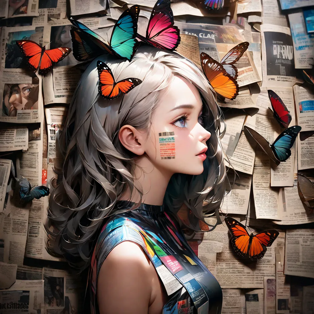 Girls side profile avatar, alone, Wearing a magazine cover dress, Detailed facial features and long eyelashes, A butterfly perches on her head, Surrounded by a row of newspaper clippings. The girl&#39;s face is very realistic and detailed, Bright colors、cl...