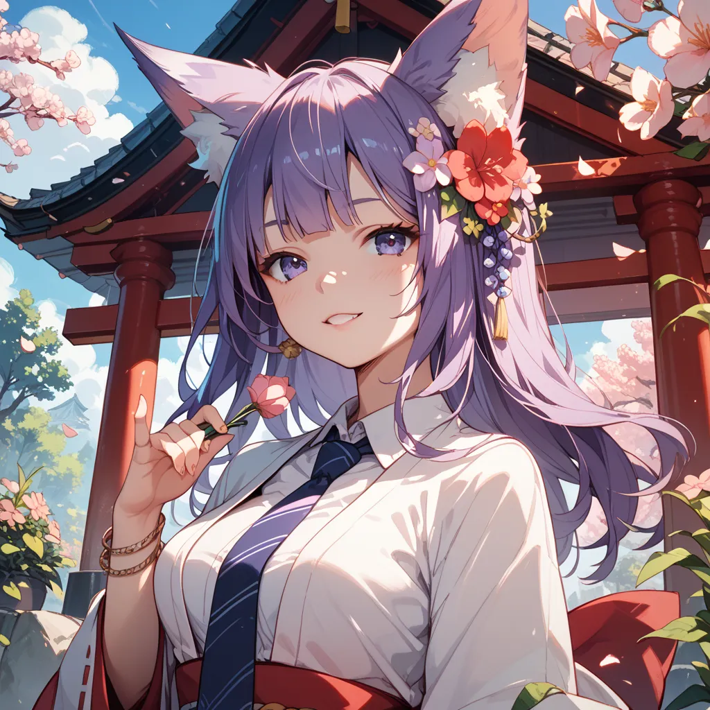  fox ears、Shrine Maiden's Flower Dance 、purple hair、Tie your hair in one at the back、The girl who stretches downwards