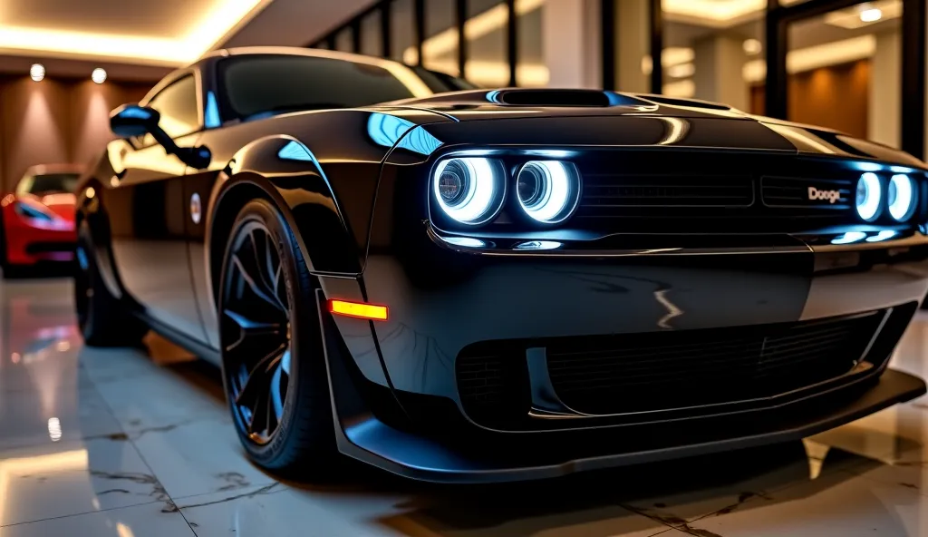 Here’s a detailed showroom version of the front LED light side view:

"A 2025 Dodge Challenger in sleek, glossy black, captured from a side angle in a high-end luxury showroom. The focus is on the front LED headlights, glowing with bright white halo-style ...