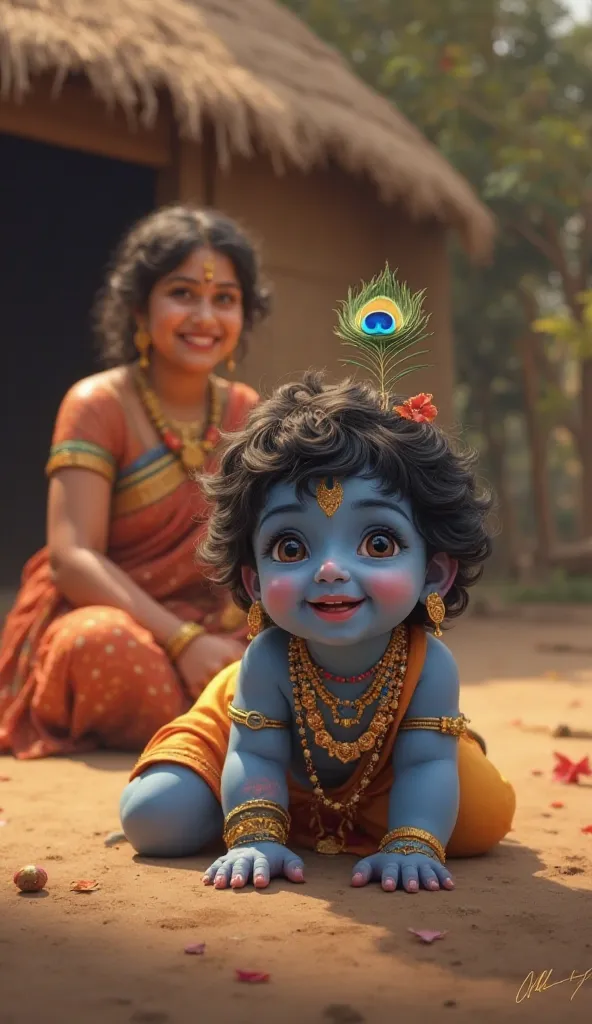 highly detailed and realistic digital painting of baby Krishna crawling on the ground with a joyful expression, adorned with peacock feathers, jewelry, and traditional attire. His skin is radiant blue, and he is surrounded by a soft, warm glow. Behind him,...