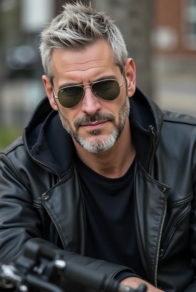 A good looking man with short gray hair, wearing RayBan Aviator Sunglasses with a Black Large Heavy Motorcycle on his side,
