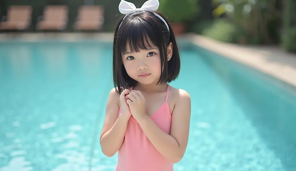 Full-length portrait of an innocent girl, lovely and adorable, perfect figure, Chinese-like complexion, sparkling black eyes, black hair tied with a white bow, she is wearing a tight transparent pink swimsuit, ((body can be seen)) She is standing beside th...