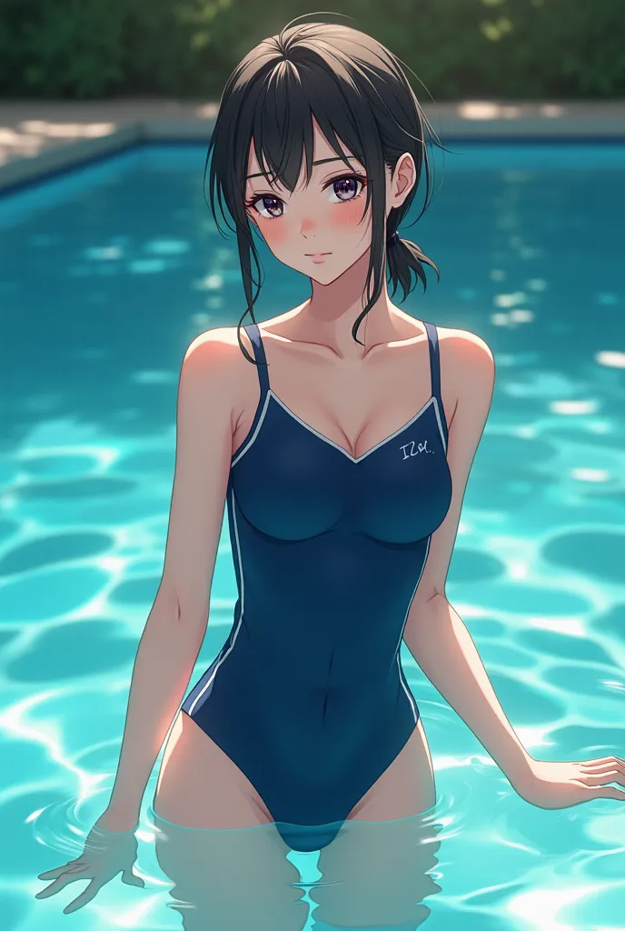 Japanese girl in a school swimsuit,white piping swimsuit,ballerina,Low Leg,3:30 PM in summer, sunlight filtering through the trees,Swimsuit has a simple design,droopy eyes,elastic fabric,Fits your body,No wrinkles on swimsuit,wears a dark blue swimsuit wit...