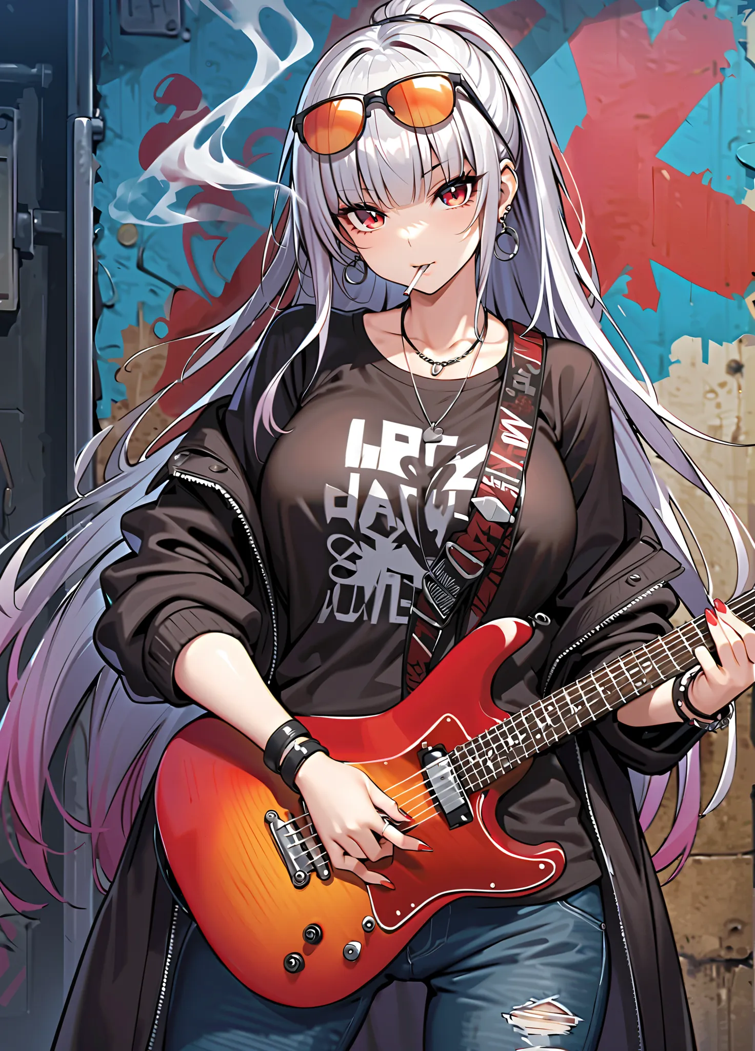 1girl, 
guitar, solo, instrument, cigarette, electric guitar, smoking, shirt, jewelry, pants, smoke, long hair, black shirt, holding, multicolored hair, red eyes, looking at viewer, eyewear on head, necklace, jacket, off shoulder, wristband, sunglasses, ea...