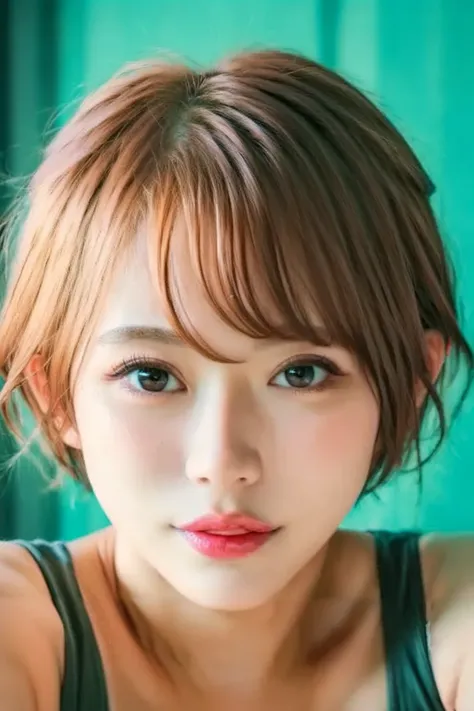   score_9,score_8_up ,score_7_up ,, A woman with short hair and bright eyes is staring at a photographer、face up 、detailed eyes、dark eyes、realistic skin、pores、Hair 、tank top、 beautiful décolletage、Photo Mapping、 picture-like depiction、Skin wrinkles