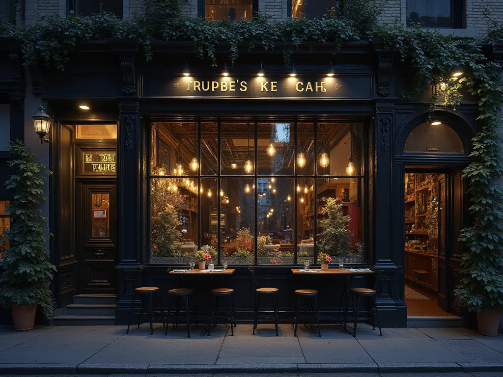 A street scene，evokes the twilight of a New York City sidewalk cafe，features a dark storefront，The warm interior light shines through large windows，outdoor cafe tables and chairs，Greenery，all bathed in soft、bathed in soft lighting；The image should reproduc...